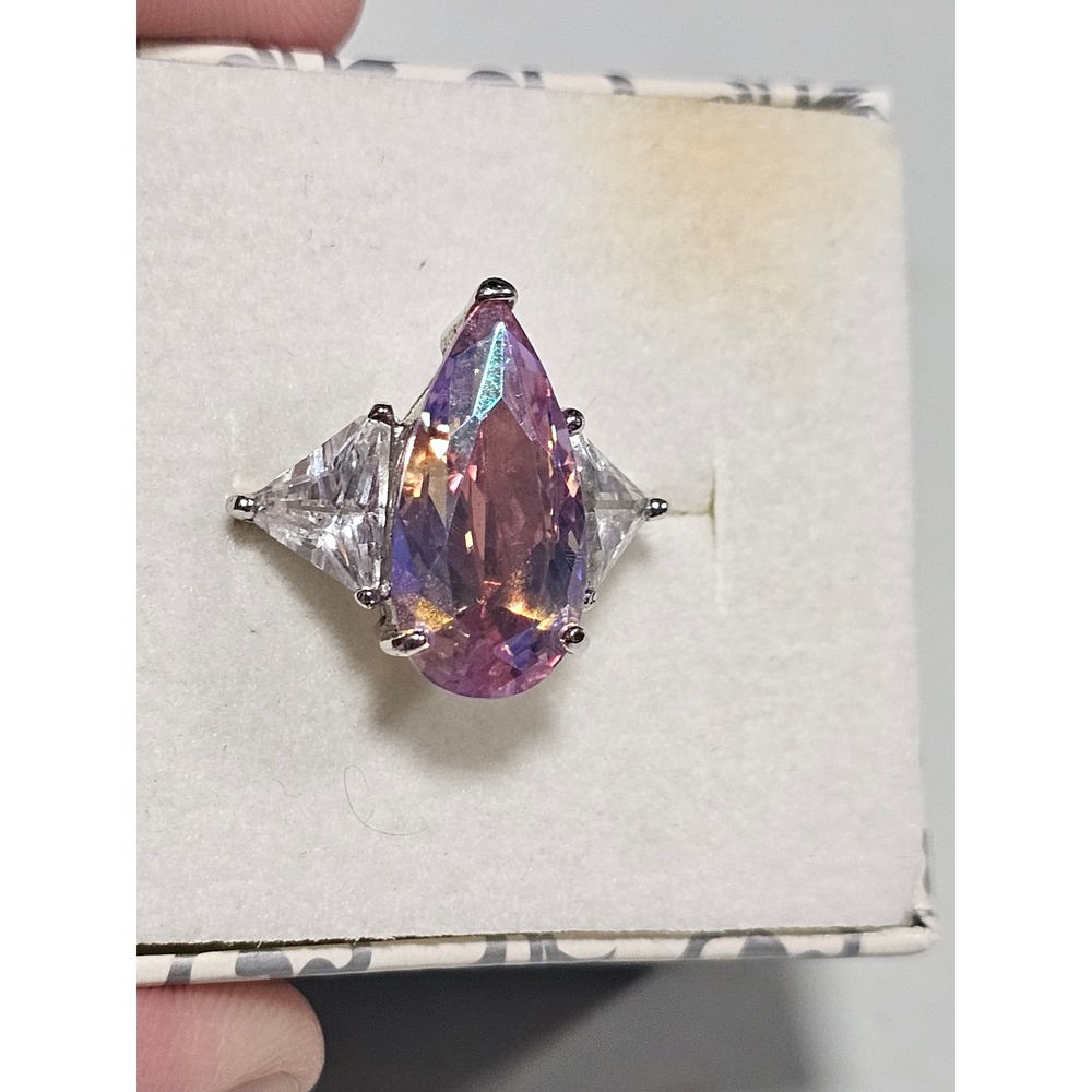 Mystic Topaz Pear Cut Three Stone Cocktail Ring Silver Tone Trillion Accents
